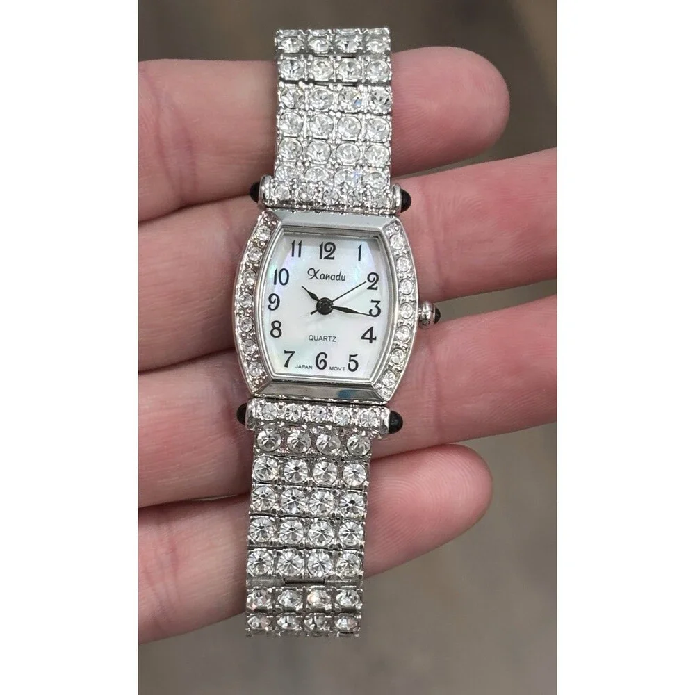 Vintage Xanadu Watch Rhinestone Silver Tone Bracelet MOP Needs Battery 6.75
